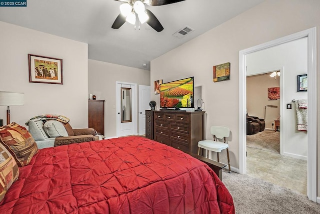 bedroom with light carpet and ceiling fan