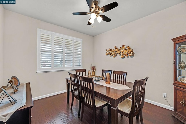 dining room featuring ceiling fan and dark hardwood / wood-style floors