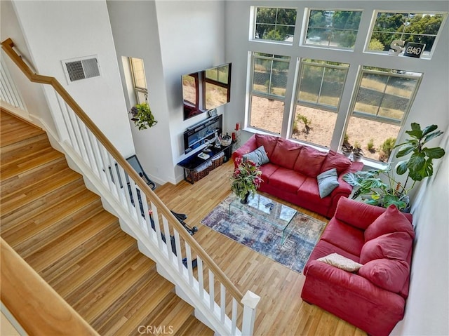 living room featuring a towering ceiling and hardwood / wood-style flooring