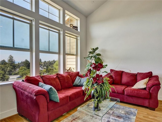 living room with lofted ceiling and light wood-type flooring