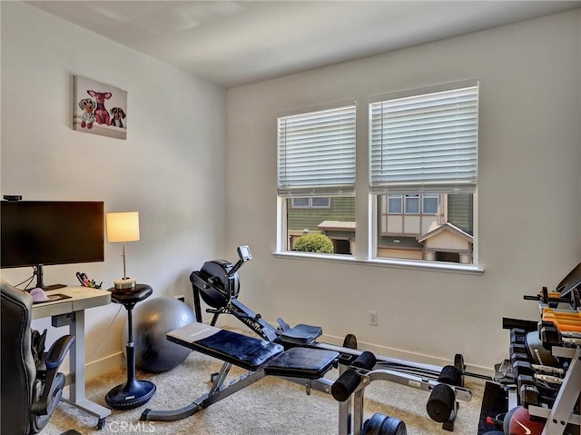 workout room featuring carpet flooring