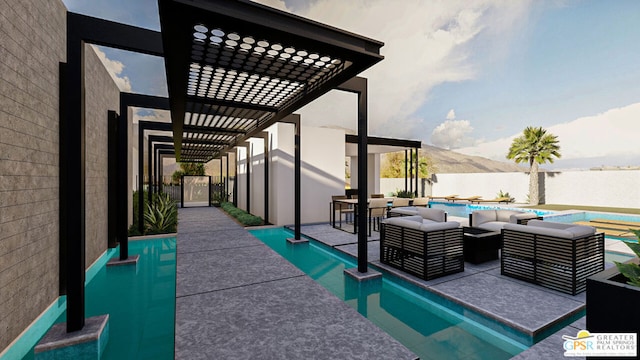 view of swimming pool with a mountain view, outdoor lounge area, and a patio area