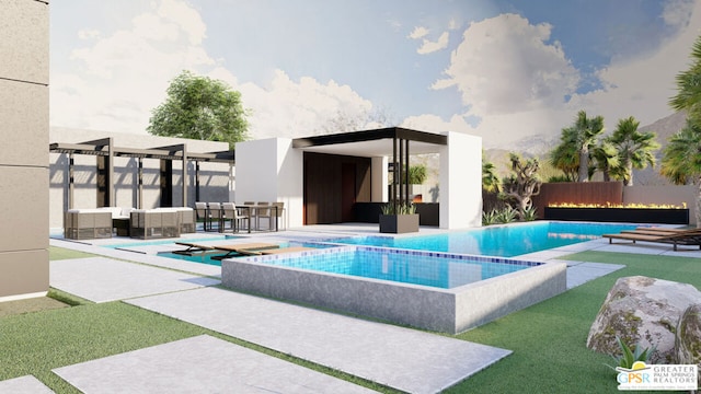 view of swimming pool featuring outdoor lounge area, a patio, and an in ground hot tub