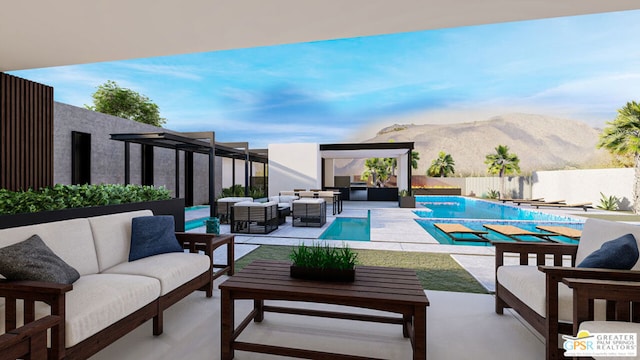 view of patio featuring a mountain view, outdoor lounge area, and a fenced in pool