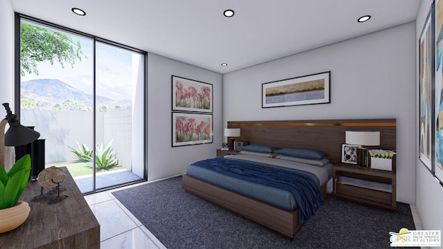 bedroom featuring light tile patterned floors, a wall of windows, and a mountain view