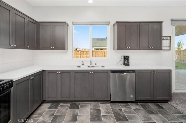 kitchen with stainless steel dishwasher, dark brown cabinets, sink, and range