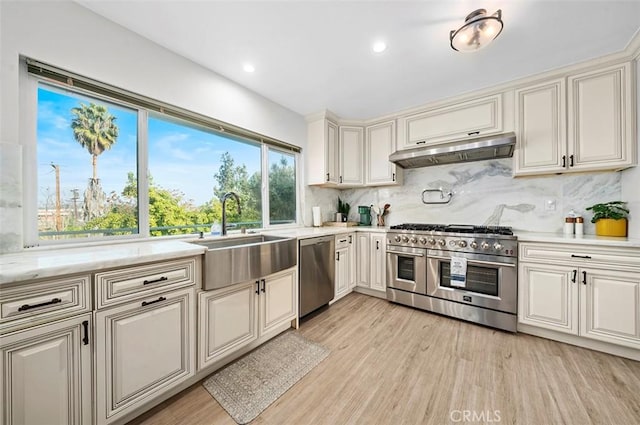 kitchen featuring light wood-type flooring, stainless steel appliances, decorative backsplash, and sink