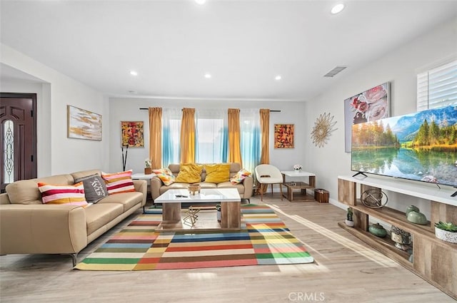 living room with a healthy amount of sunlight and light hardwood / wood-style floors