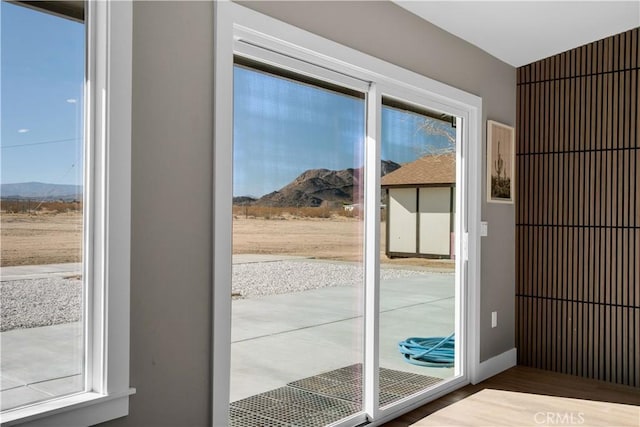 entryway with a mountain view and hardwood / wood-style floors