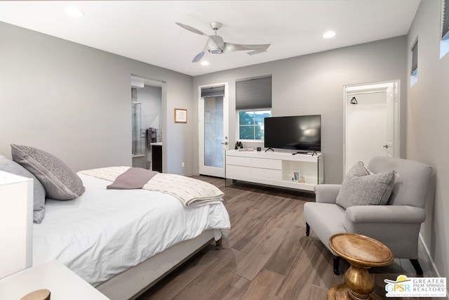 bedroom with ceiling fan, access to outside, and dark hardwood / wood-style floors