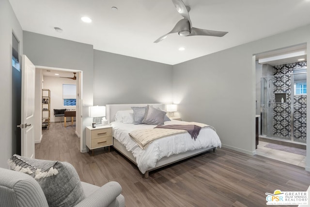 bedroom with ceiling fan and hardwood / wood-style floors