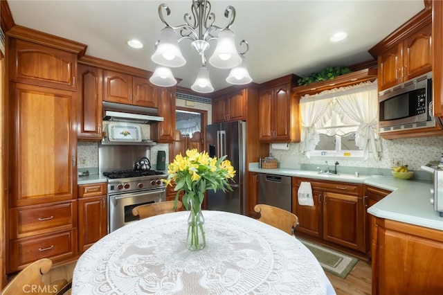 kitchen with an inviting chandelier, pendant lighting, premium appliances, and tasteful backsplash