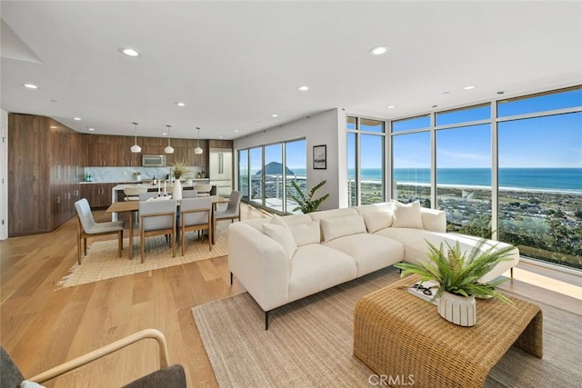 living room featuring a water view and light wood-type flooring