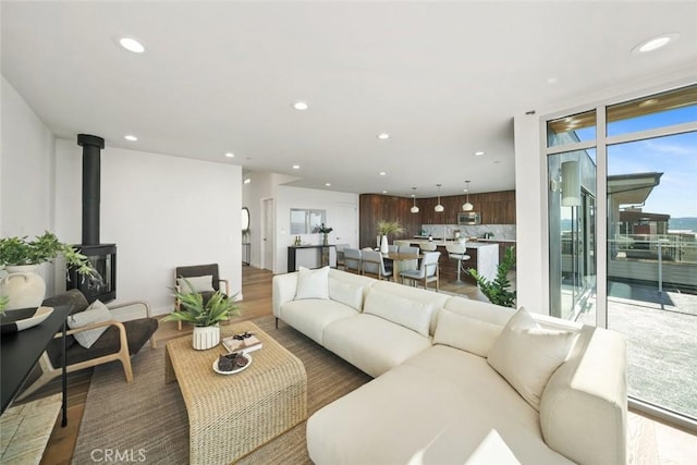 living room with a wealth of natural light, a wood stove, hardwood / wood-style floors, and expansive windows