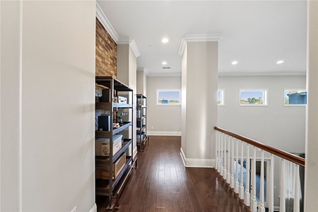 corridor with dark wood-type flooring, crown molding, and a healthy amount of sunlight