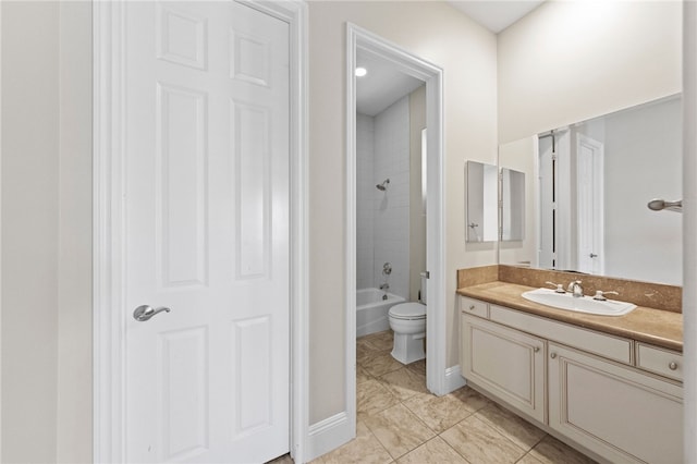 full bathroom featuring toilet, tile patterned floors, vanity, and tiled shower / bath