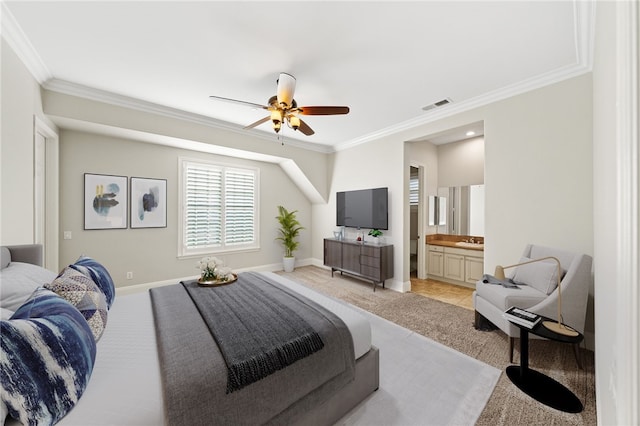 tiled bedroom with ceiling fan, crown molding, and connected bathroom