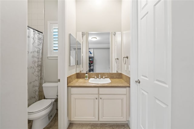 bathroom featuring toilet, vanity, and a shower with curtain