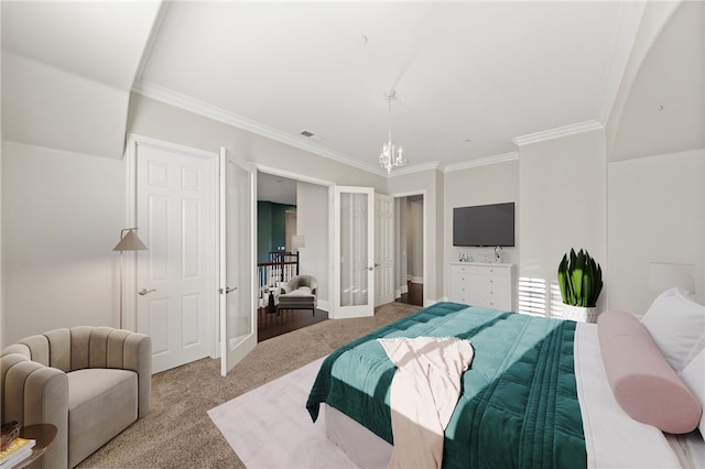 carpeted bedroom with ornamental molding, french doors, and a notable chandelier