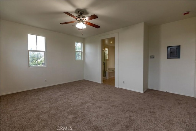 interior space featuring ceiling fan, electric panel, ensuite bathroom, and carpet flooring