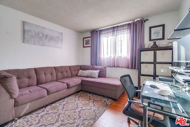 living room with light hardwood / wood-style floors and a textured ceiling