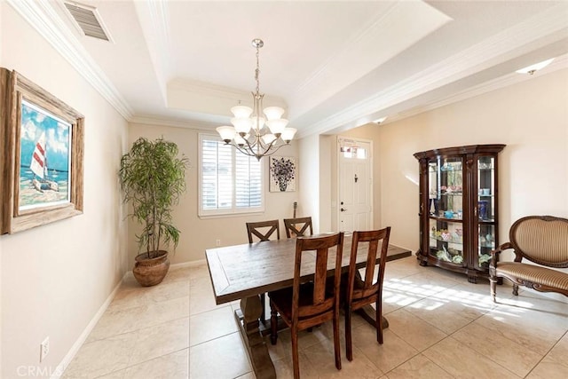 dining room with a chandelier, a raised ceiling, light tile patterned floors, baseboards, and visible vents