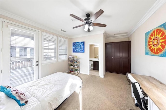 bedroom featuring visible vents, crown molding, baseboards, a ceiling fan, and light carpet