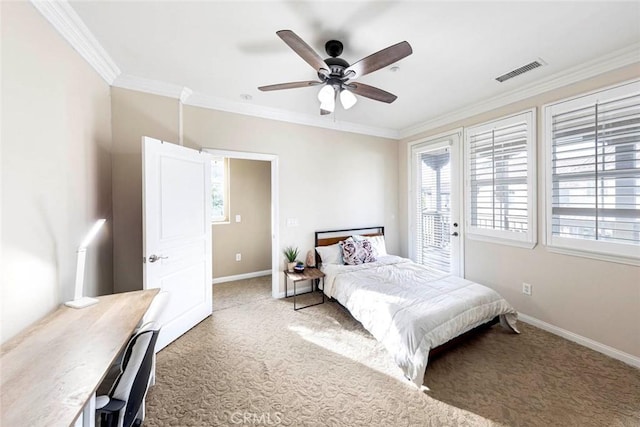 bedroom featuring visible vents, baseboards, ornamental molding, carpet floors, and access to outside