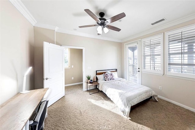carpeted bedroom with access to exterior, crown molding, baseboards, visible vents, and ceiling fan