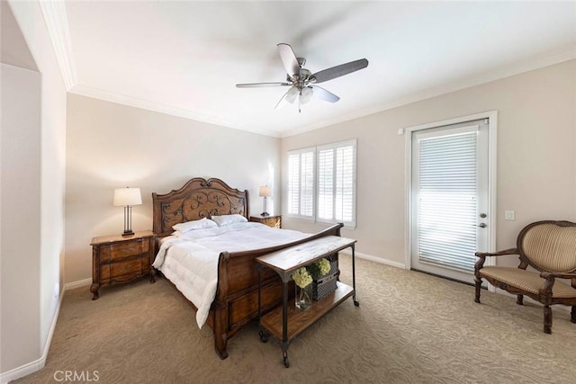 bedroom featuring light carpet, a ceiling fan, baseboards, and ornamental molding