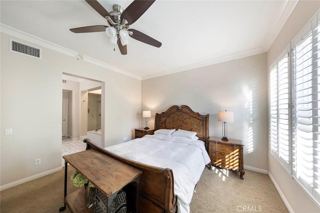 bedroom with multiple windows, visible vents, light colored carpet, and baseboards