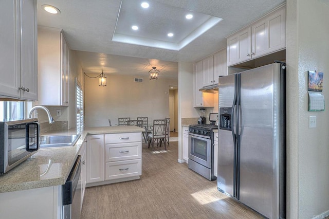 kitchen featuring light wood-type flooring, stainless steel appliances, white cabinets, and a tray ceiling