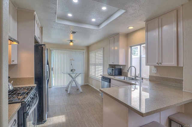 kitchen with white cabinetry, kitchen peninsula, appliances with stainless steel finishes, a tray ceiling, and a kitchen breakfast bar