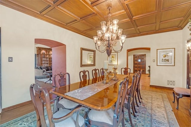 dining space with ornamental molding, wood ceiling, and coffered ceiling