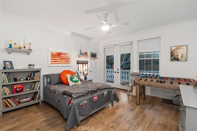 bedroom with ceiling fan, french doors, access to outside, and wood-type flooring