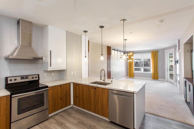 kitchen with white cabinets, appliances with stainless steel finishes, wall chimney exhaust hood, tasteful backsplash, and sink