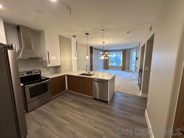 kitchen featuring white cabinetry, stainless steel appliances, dark wood-type flooring, wall chimney exhaust hood, and sink