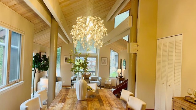 dining space with beamed ceiling, a high ceiling, hardwood / wood-style flooring, and an inviting chandelier