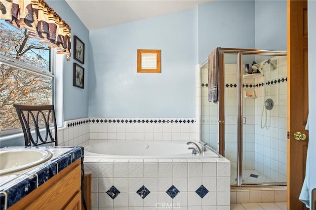 2477 Spring Oak Dr, Running Springs, CA 92382 - full bathroom featuring a garden tub, a shower stall, and vanity