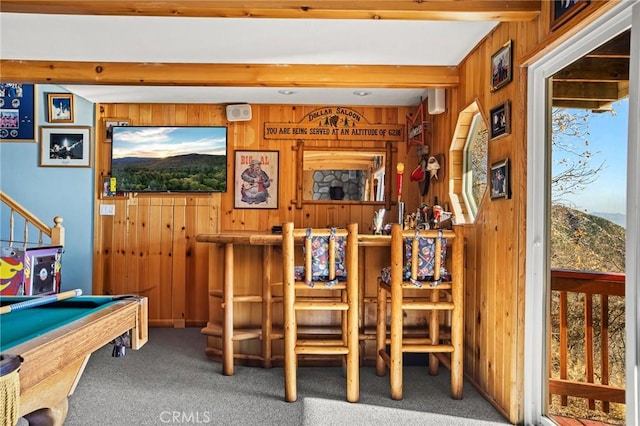 2477 Spring Oak Dr, Running Springs, CA 92382 - bar area featuring wood walls, beam ceiling, carpet floors, and billiards table