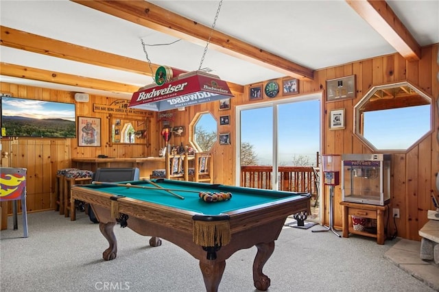2477 Spring Oak Dr, Running Springs, CA 92382 - rec room with wooden walls, carpet flooring, beam ceiling, and pool table