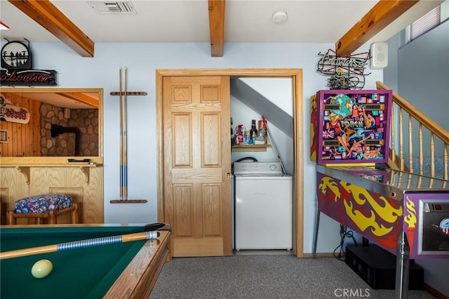 2477 Spring Oak Dr, Running Springs, CA 92382 - laundry room featuring washer / clothes dryer, carpet floors, and billiards table