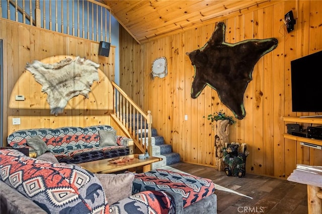 2477 Spring Oak Dr, Running Springs, CA 92382 - living room with wooden walls, stairway, and wood ceiling