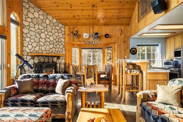 2477 Spring Oak Dr, Running Springs, CA 92382 - living area with hardwood / wood-style floors, wooden ceiling, high vaulted ceiling, and wooden walls