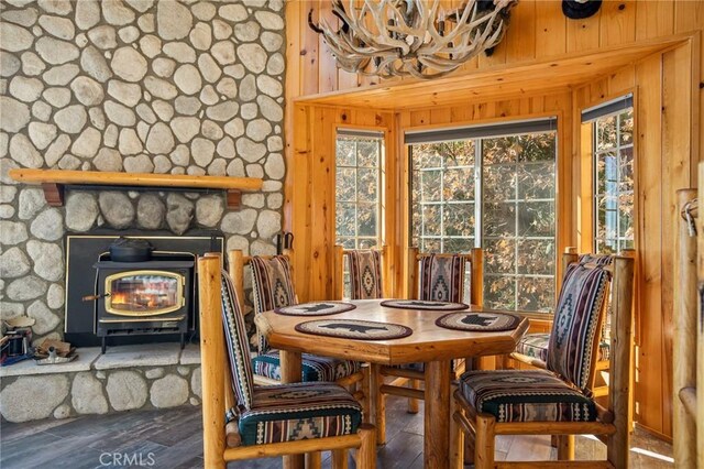 2477 Spring Oak Dr, Running Springs, CA 92382 - dining room featuring a wood stove, wood walls, and wood finished floors