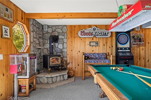 2477 Spring Oak Dr, Running Springs, CA 92382 - recreation room featuring wood walls, carpet floors, and a wood stove