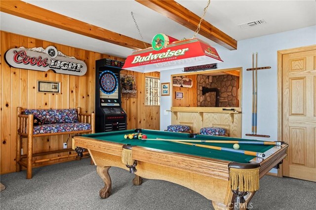 2477 Spring Oak Dr, Running Springs, CA 92382 - game room featuring carpet, beamed ceiling, wooden walls, and pool table