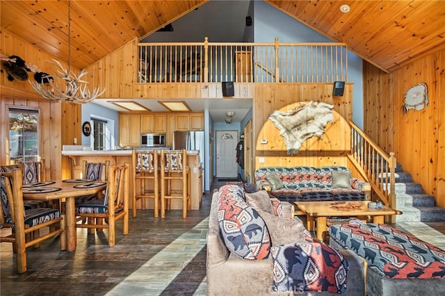 2477 Spring Oak Dr, Running Springs, CA 92382 - dining space with wood walls, dark wood-style floors, high vaulted ceiling, wooden ceiling, and a chandelier