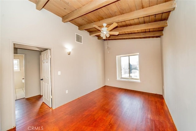 unfurnished room with ceiling fan, wooden ceiling, hardwood / wood-style floors, and beam ceiling