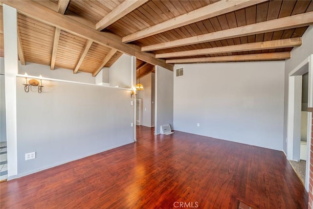 unfurnished living room with dark wood-type flooring, wood ceiling, and vaulted ceiling with beams